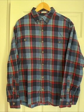 Duluth Trading Co Blue and Red Plaid Button-Up Shirt